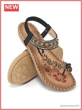 Boho Beaded Toe Ring Flat Sandals - Faux Leather Gladiator Sandals